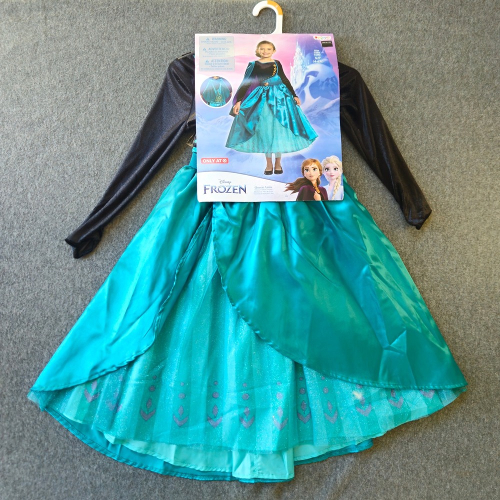 New! Disney Queen Anna Deluxe Costume Kids S/P 4-6X Teal Black Frozen Halloween - Picture 1 of 7